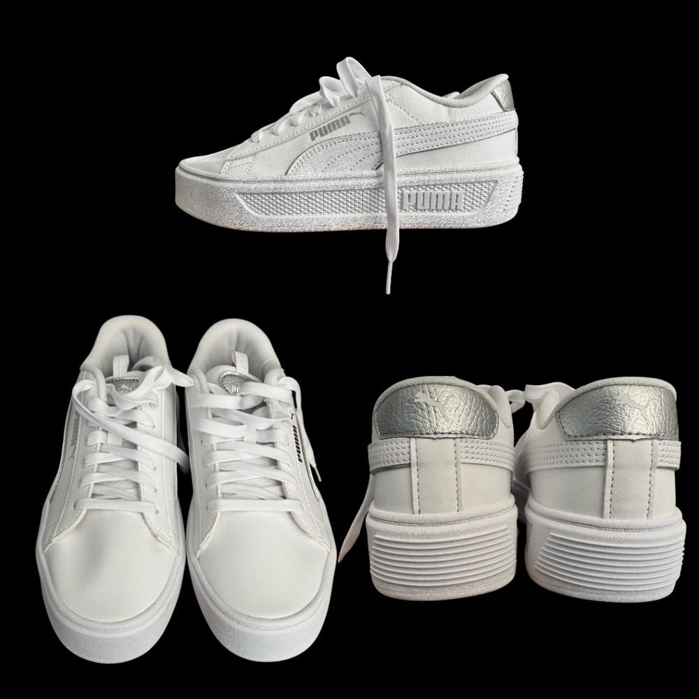 PUMA Women's Smash Platform V3 Sneaker, Puma White/Silver, 7 US